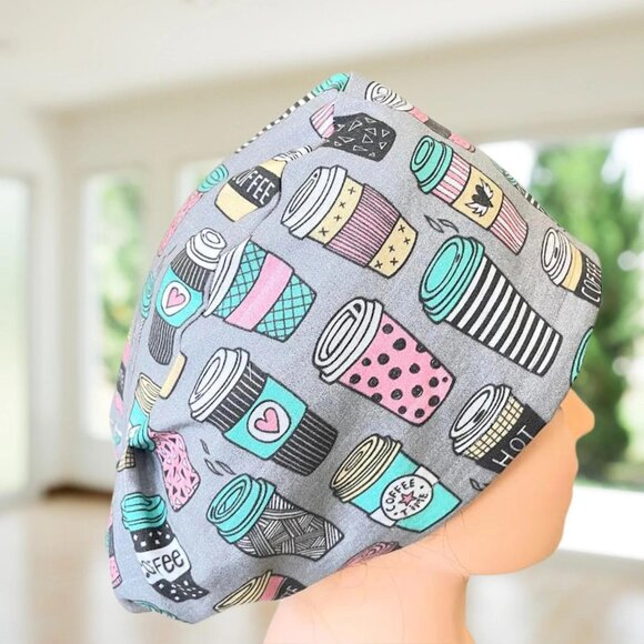 PREMIUM Coffee Print~ Euro Style Scrub Cap, Unisex Nurse Cap, Scrub Hat - Picture 1 of 4